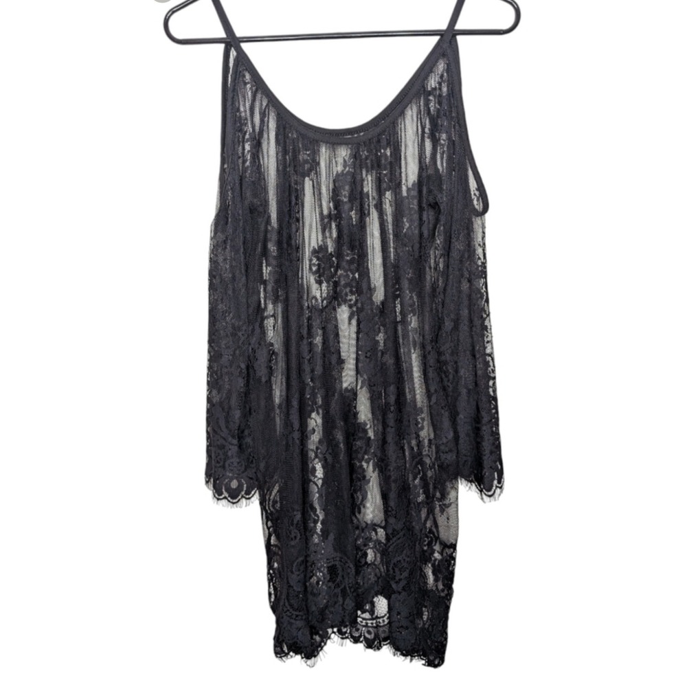 Black Floral Sheer Lace Mini Dress Coverup S Resort Witchy Whimsigoth Romantic‎